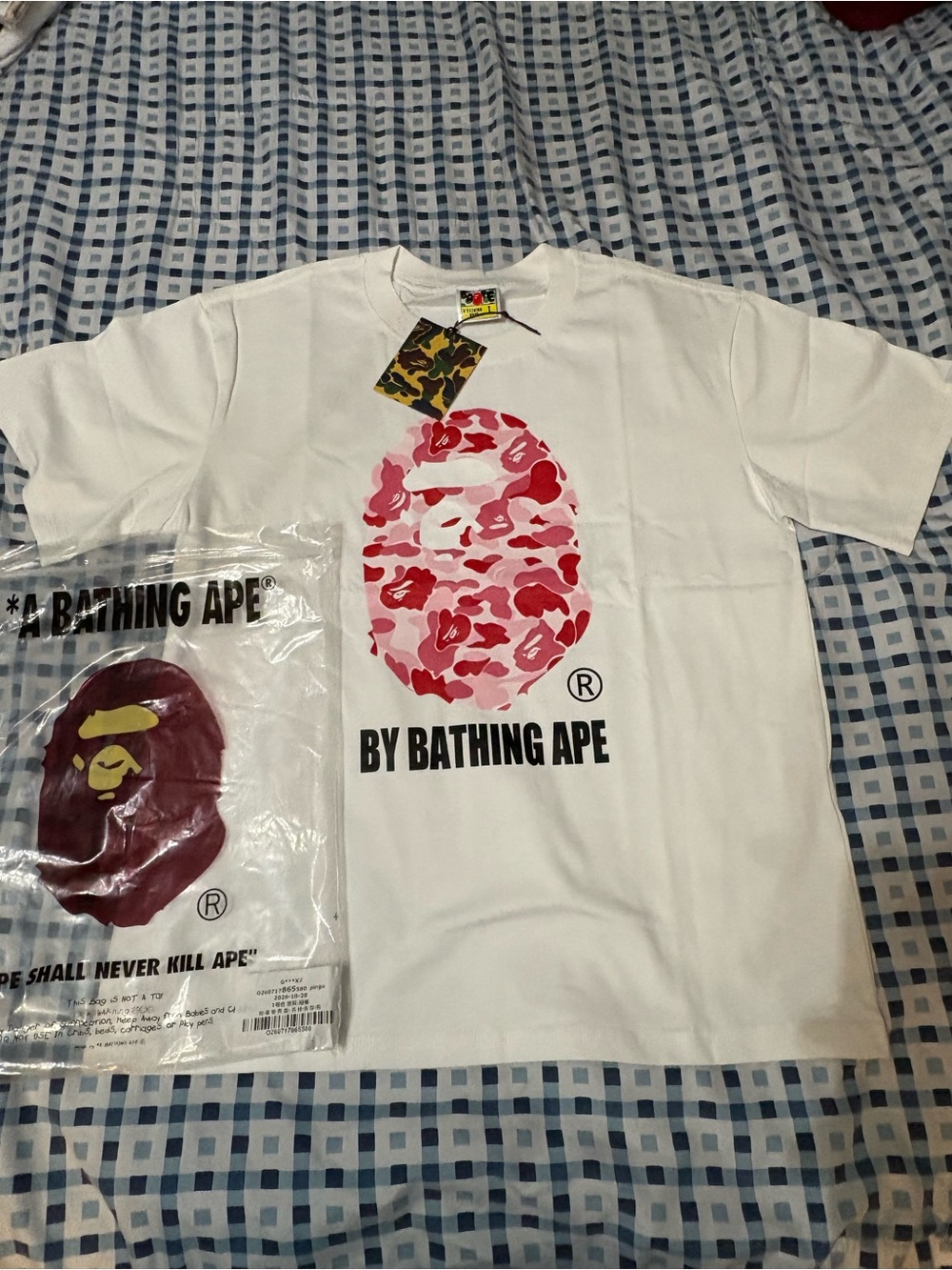 BAPE Women's White Short-Sleeve Tee with Pink Camo Ape Head